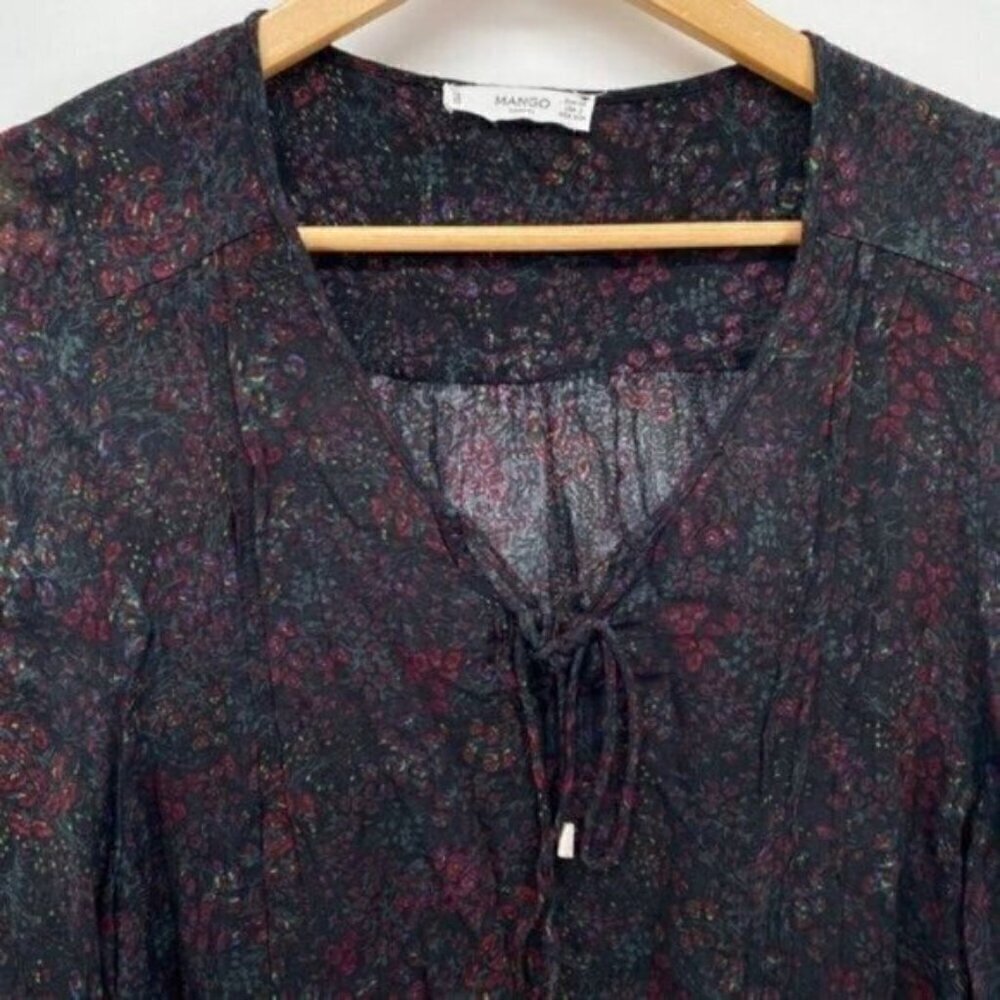 Mango Sheer Black Boho Floral Peasant Blouse - Picture 2 of 8